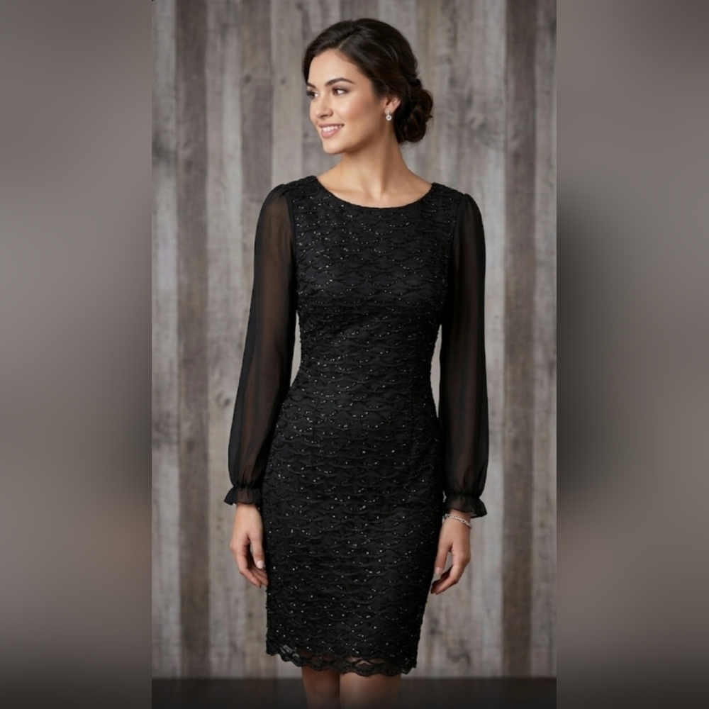 🖤✨️Connected Apparel Black Sequin Cocktail Dress Chiffon Bell Sleeve | Size 14